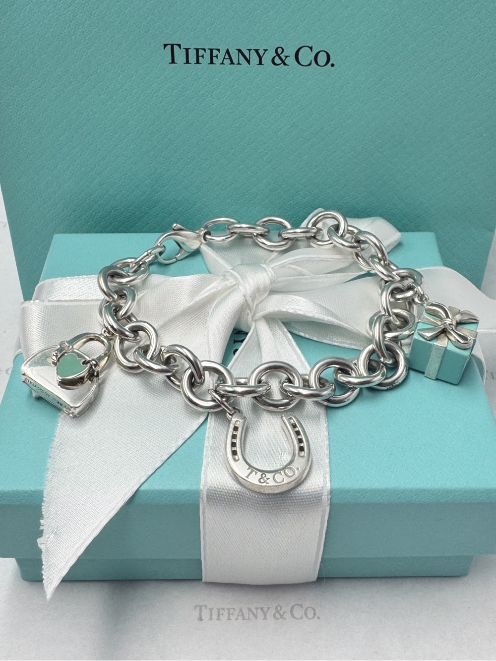 Tiffany & Co Sterling Silver Blue Enamel Charm Bracelet Purse Horseshoe Gift Box